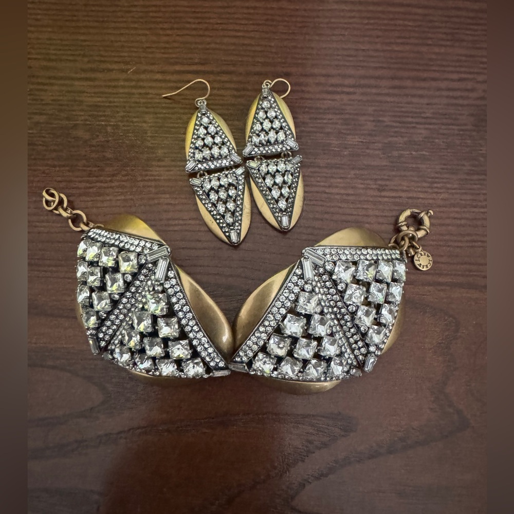 J Crew brass and rhinestone bracelet and earrings set
